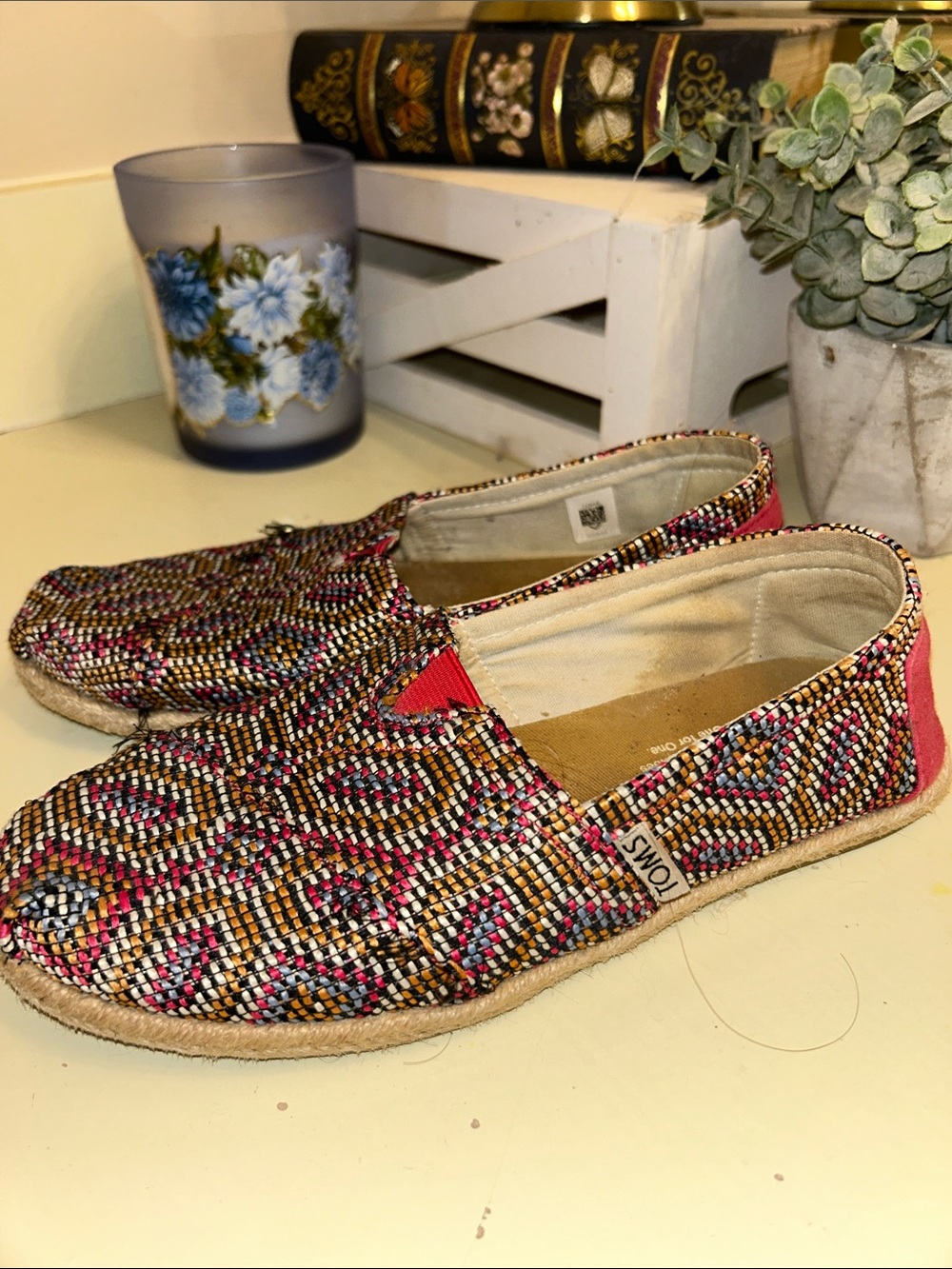 TOMS Multicolor Woven Slip-On Flats with Pink Accents